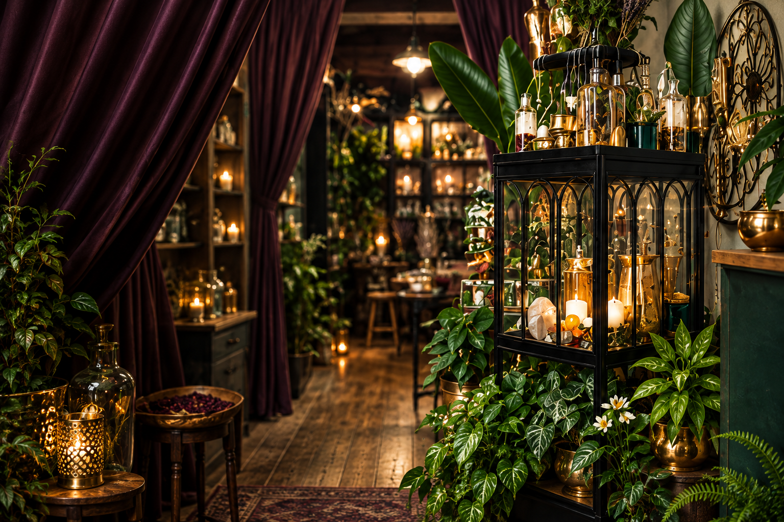 Flowing plum curtains opening into the Blu Lady Wellness botanical apothecary