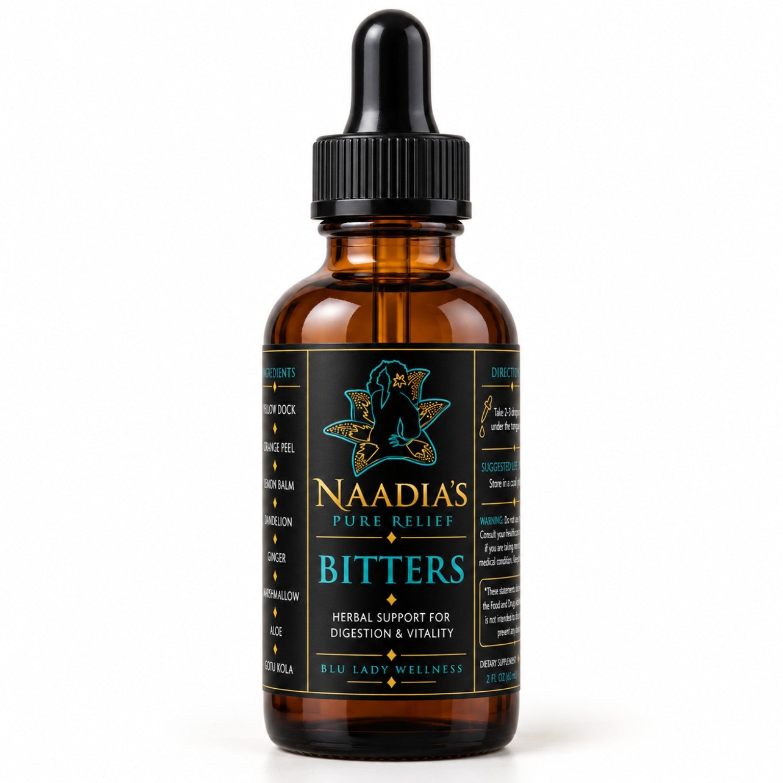 Blu Lady Wellness amber tincture bottles surrounded by fresh herbs
