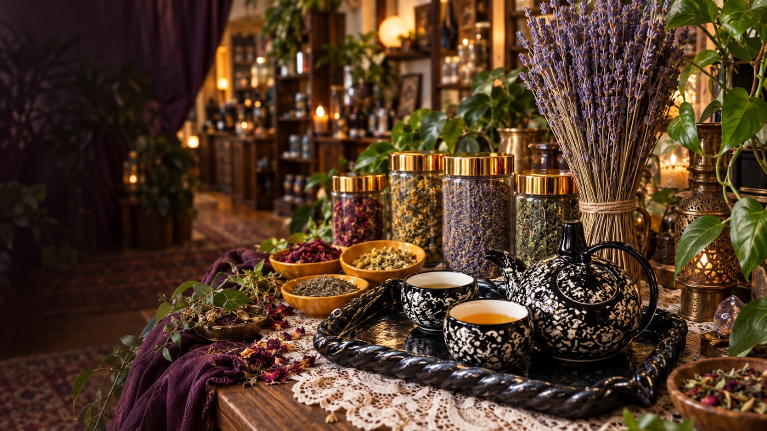 An elegant herbal tea ritual with a black teapot, cups, dried botanicals, lavender, and greenery